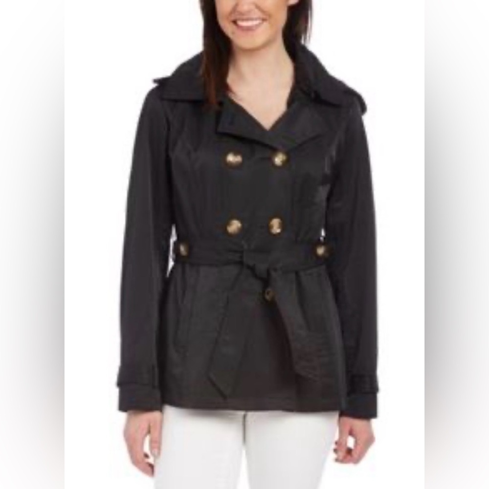 Madden Girl Black Trench Coat with Brown Buttons Medium